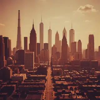 A cityscape rendered in nostalgic futurism — retro-futuristi
