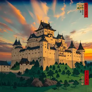 A medieval castle depicted in Japanese ukiyo-e woodblock pri
