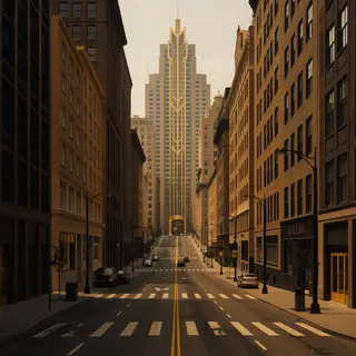 A city street scene in the style of Art Deco — geometric sha