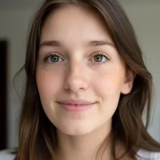 A close-up portrait of a young woman with a warm natural smi