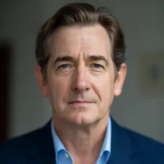 A portrait of a middle-aged man with a calm, serious express