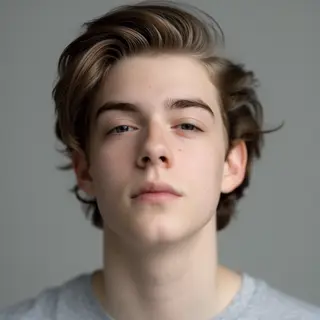 A headshot of a teenager with a relaxed, neutral face