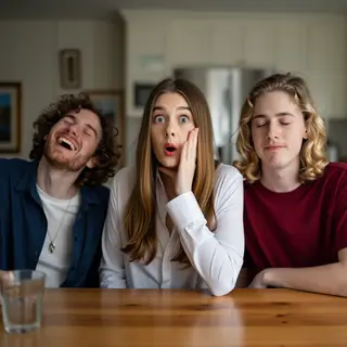 A group of three friends at a table: one laughing with head 