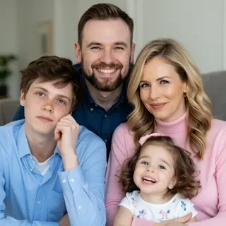 A family photo with four people: a father beaming with pride