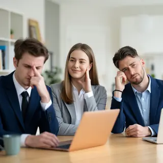 Three coworkers in a meeting: one looking frustrated with fu