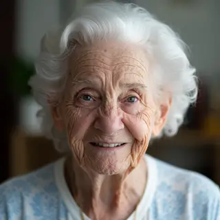 An elderly woman in her 80s with deep wrinkles and white hai