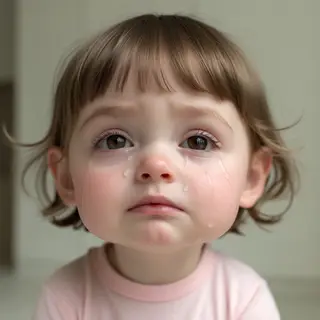 A 5-year-old child with round cheeks and large eyes, crying 