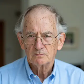 An elderly man in his 70s with age spots and thinning gray h