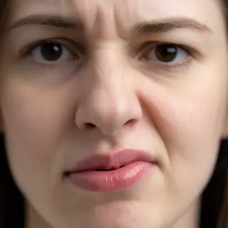 A close-up of a person's face showing clear disgust, nose wr