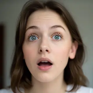 A portrait capturing genuine surprise — raised eyebrows, wid