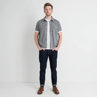A man standing straight facing the camera, hands in pockets,
