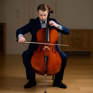 A cellist seated with correct posture, legs around the instr