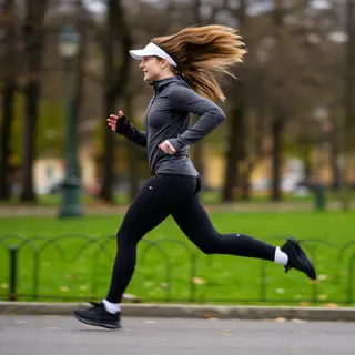 A woman mid-stride running through a park, hair and clothes 