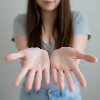 A woman holding her hands out in front of her palms-up, all 