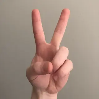 A person making a peace sign with their right hand, clearly 