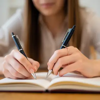 A woman writing in a notebook with a pen gripped correctly i