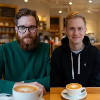 Two men at a cafe: one with a beard and glasses wearing a gr