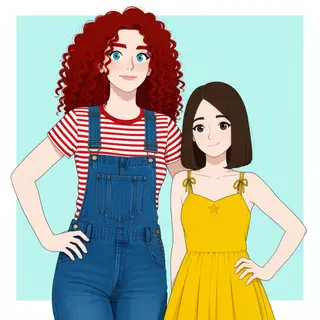 Two friends posing: one tall with curly red hair in denim ov