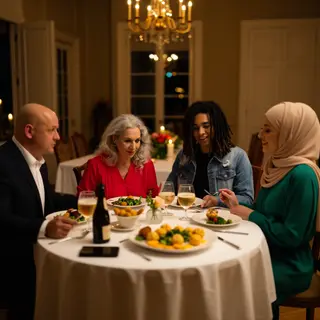 Four people at a dinner table: a bald man in a suit, a woman