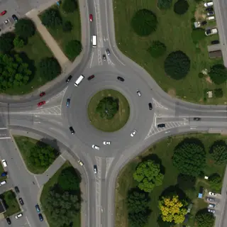An aerial bird's-eye view looking straight down at a traffic