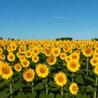 A field of pure sunflower yellow flowers under a clear blue 