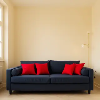 A minimalist room with walls in #F5E6CC (warm cream), a sofa