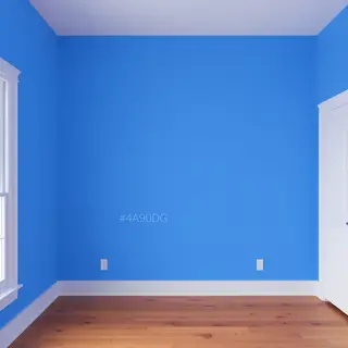 A room with walls in #4A90D9 (medium blue) with warm wooden 