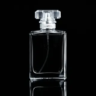 A clear glass perfume bottle on a reflective black surface w