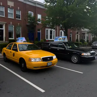 A yellow taxi and a black limousine parked next to each othe