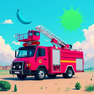 A pink fire truck, a blue banana, and a green sun in a surre