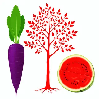 A purple carrot, a red tree with red leaves, and a white wat