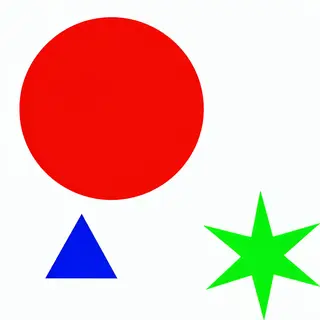 A large red circle, a small blue triangle, and a medium gree