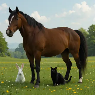 A big brown horse, a small white rabbit, and a medium-sized 