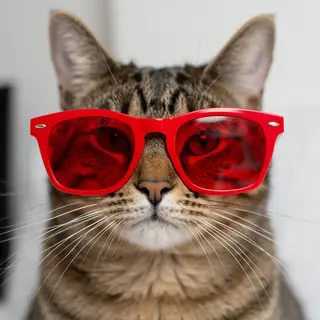 A tabby cat wearing oversized red sunglasses
