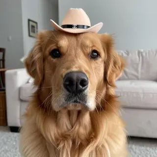 A golden retriever wearing a tiny cowboy hat
