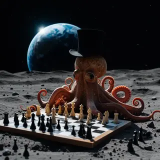 An octopus wearing a top hat and monocle playing chess on th