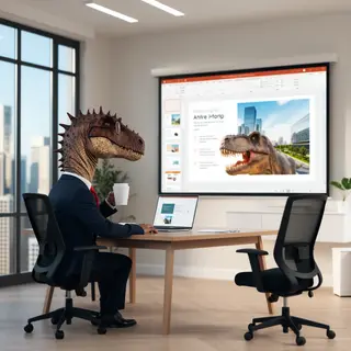 A dinosaur in a business suit giving a PowerPoint presentati