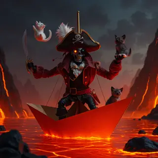 A robot dressed as a pirate sailing a paper boat on a lake o