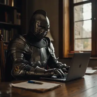 A medieval knight in full armor sitting at a desk typing on 