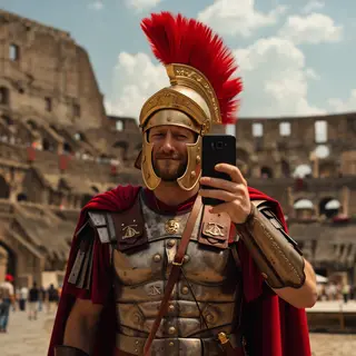 A Roman gladiator taking a selfie with a smartphone in the C