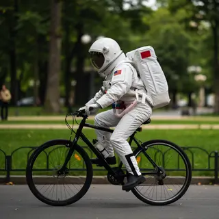 An astronaut in a spacesuit riding a bicycle through a park