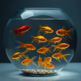 Exactly 9 goldfish swimming in a large round fishbowl