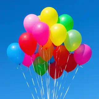 Exactly 11 colorful balloons floating against a clear blue s
