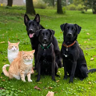 2 orange cats and 3 black dogs sitting together on a grassy 