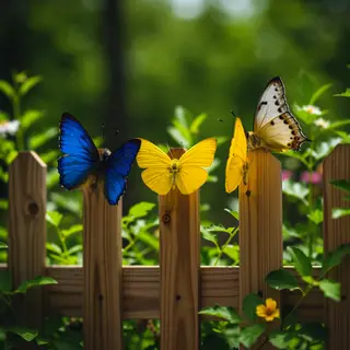 1 blue butterfly and 3 yellow butterflies resting on a garde