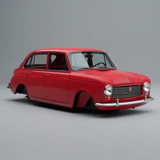 A car body with windows, doors, and headlights but no wheels