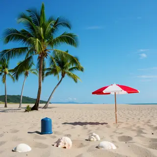 A sandy beach with palm trees, seashells, and a beach umbrel