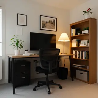 An office workspace with a desk, chair, bookshelf, and lamp 