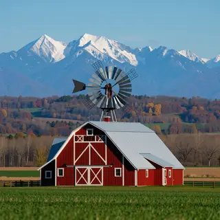 A landscape with a red barn in the foreground at large scale