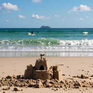 A beach scene with a sandcastle in the foreground, a surfer 